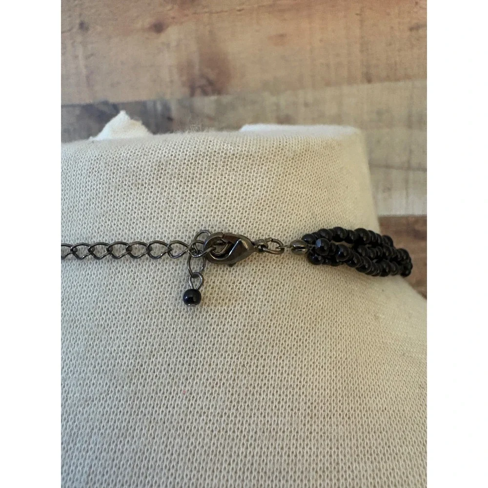 Black Triple Strand Beaded Layered Necklace Gunmetal Lobster Clasp
